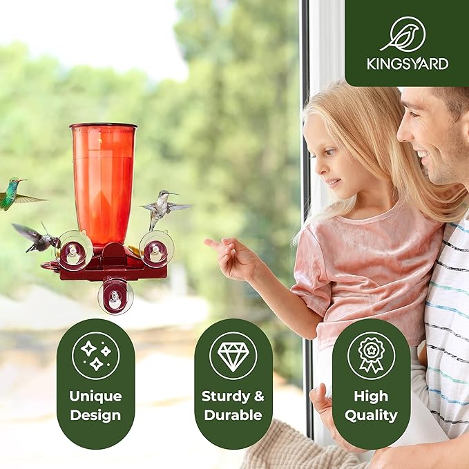 Kingsyard Window Hummingbird Feeder for Outside, 14 Oz Hummer Bird Nectar Feeder with 4 Feeding Ports & Circle Perch, Easy to Clean and Refill, Hummingbird Gifts (Red)