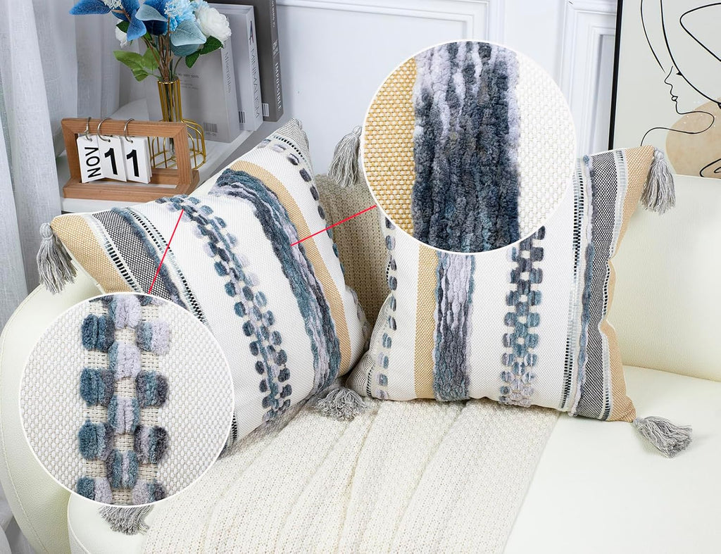 PANOD Chenille Farmhouse Throw Pillow Covers 18 x 18 Light Grey, Neutral Boucle Couch Pillow Cover, Striped Decorative Boho Coushion Cover Pillow Case for Couch Bed Sofa Bedroom,Modern Accent,Set of 2