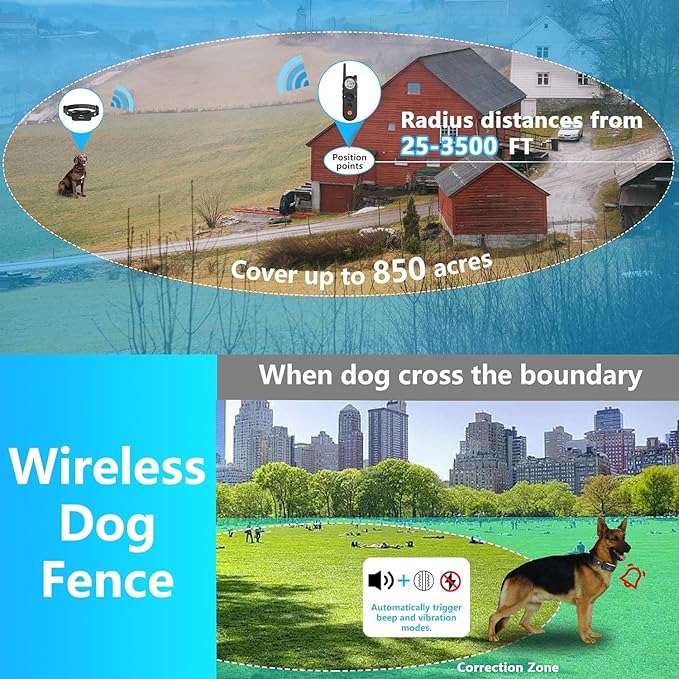 X3 Wireless Dog Fence & Training Collar for 2 Dogs, 3500FT Adjustable Fence & 6100FT Remote Collar, IPX7 Waterproof, 185 Days Standby Rechargeable Battery, 3 Training Modes, 10-130 lbs, Black