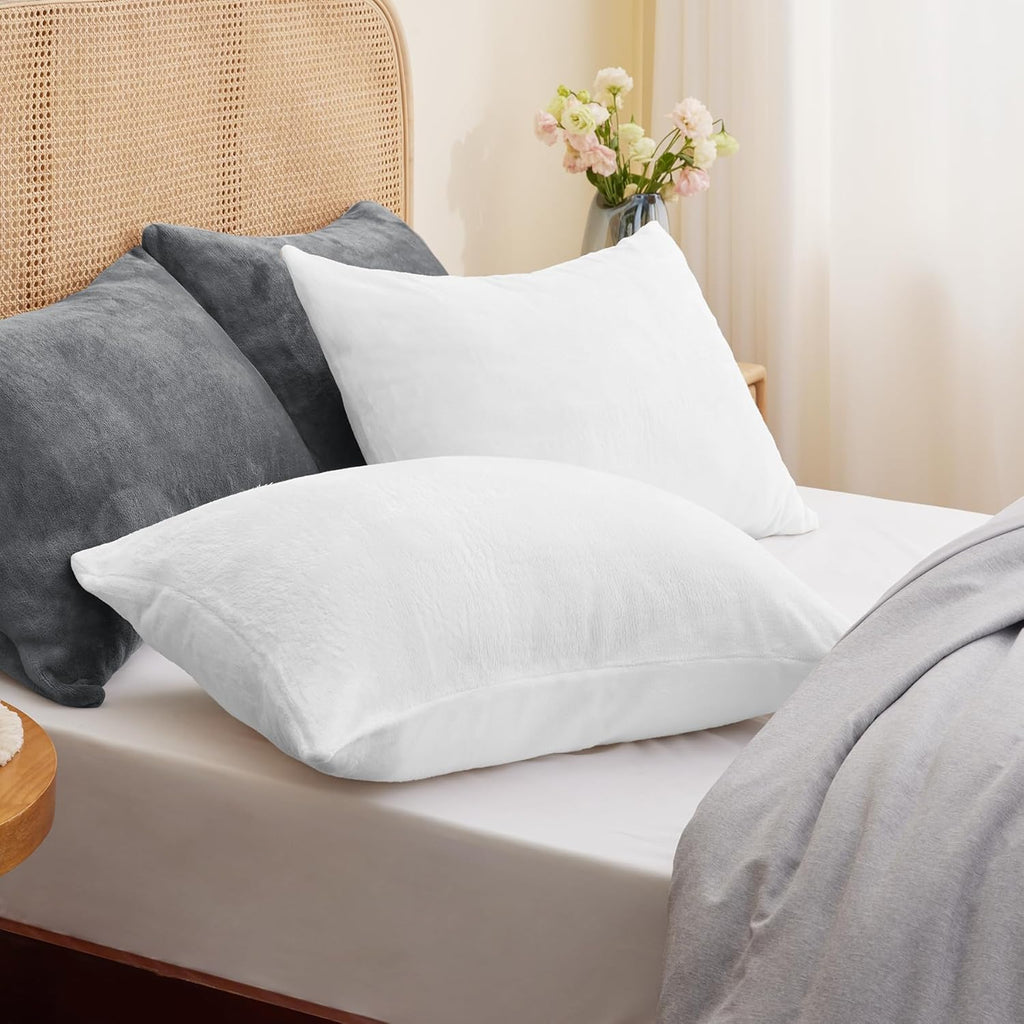 BEDELITE Flannel King Size Pillow Cases Set of 2, Super Soft Fleece Pillowcases with Zipper for Bedroom, Sofa, Couch,Luxury Cozy Fuzzy Velvet Pillow Shams for All Seasons(20x36 Inches,Bright White)