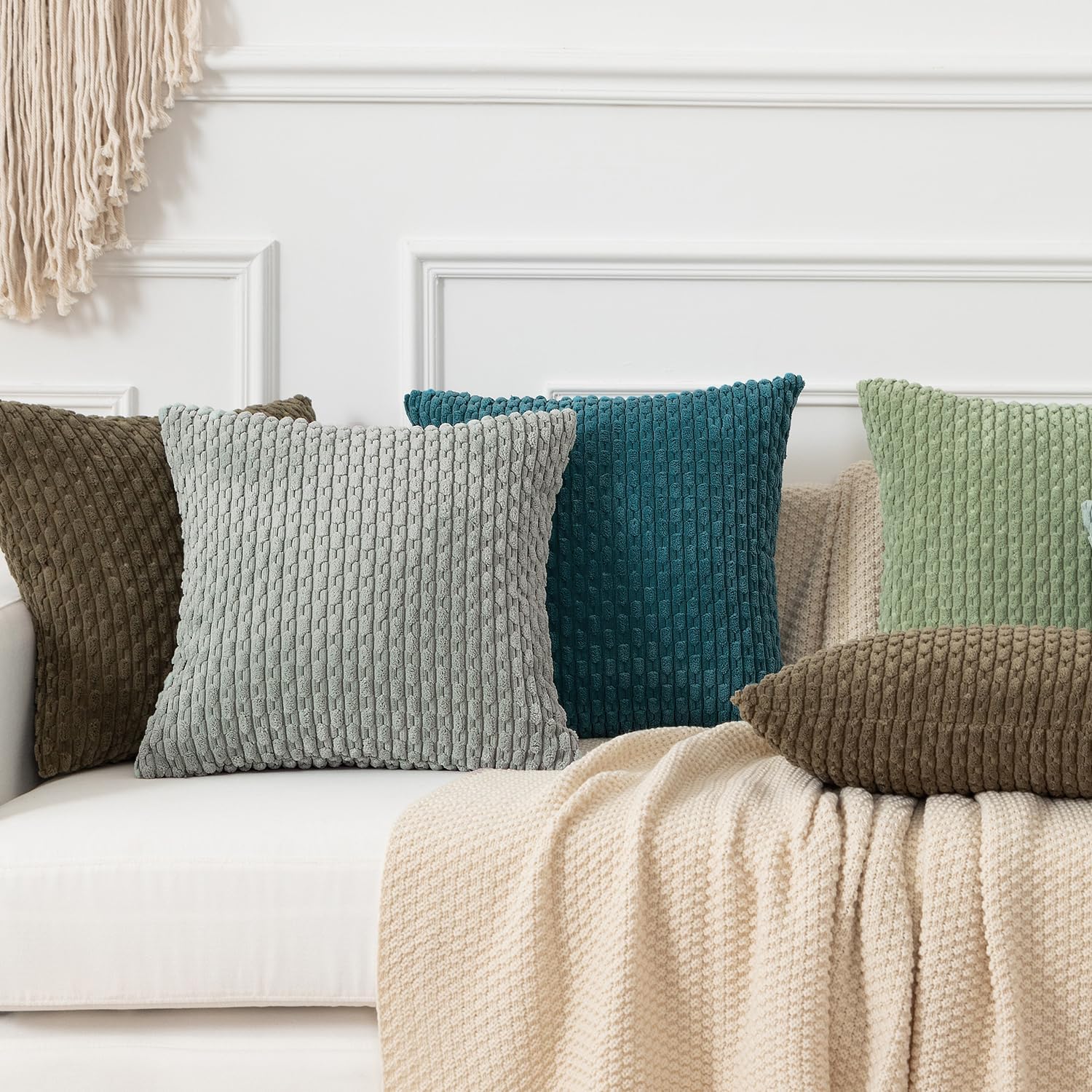 Kevin Textile 12x20 Inch Pillow Cover 1 Pack Boho Decorative Soft Striped Corduroy Lumbar Farmhouse Color Accent Rectangle Cushion Case for Living Room Couch Sofa Bed, Greyish Green