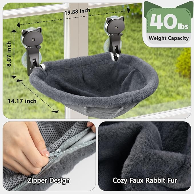 2 Pack Cat Window Perch Cordless, Kitty Hammock with Sunken Design Foldable & Stable Cat Beds- Breathable Window Hammock for Overlooking, Sunbathing and Climbing - Maximum Hold Up to 40lb