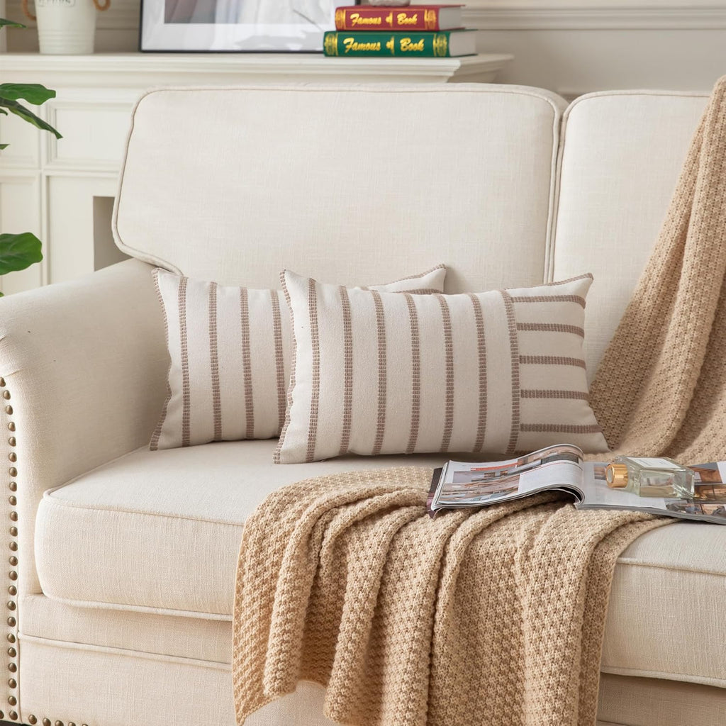 Caflife Boho Throw Pillow Covers 12x20 Set of 2 Soft Farmhouse Decorative Couch Pillow Cases Beige Striped Pillow Covers Neutral Cushion Covers for Sofa Bed Living Room Home Decor