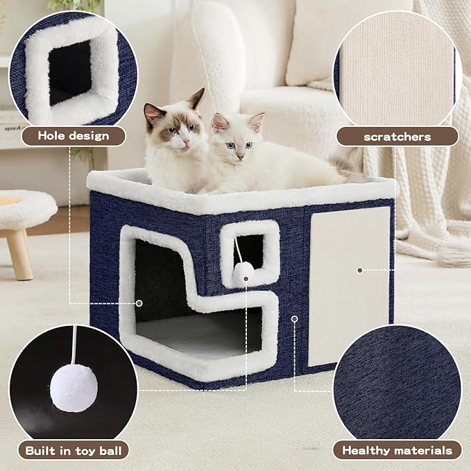 Cat Houses for Indoor Cats, Covered Cat Cave Bed with Scratch Pad and Fluffy Ball, Foldable Cat Hideaway Condo for Large Cats, Modern Kitten Bed,16.5x16.5x13 inches (Blue, Large)