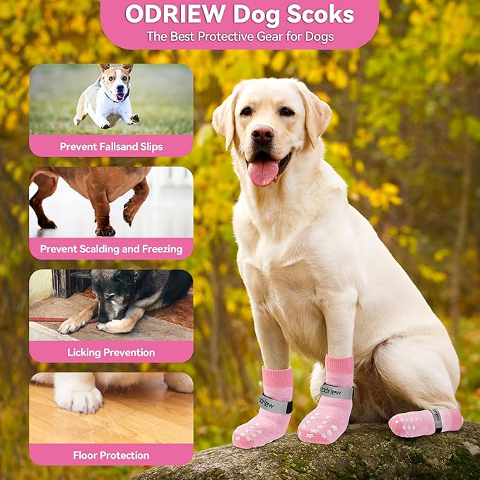 Non Slip Dog Socks to Prevent Licking Paws - Dog Booties for Hardwood Floors Anti Slip - Grippy Socks for Senior Dog - Double Side Paw Protector Prevent Scratching for Hot Pavement. (Pink, L)