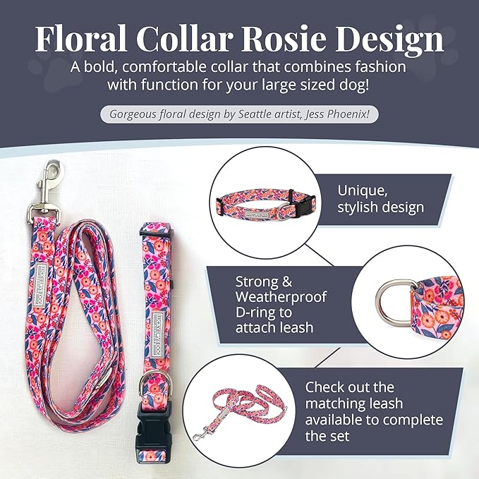 Lucky Love Dog - Adjustable Dog Collar with Easy Click Buckle for Small to Large Ones, Durable, & Comfortable for Male & Female Dogs, Pet Collar for Puppies & Adult Dogs - Rosie, Large