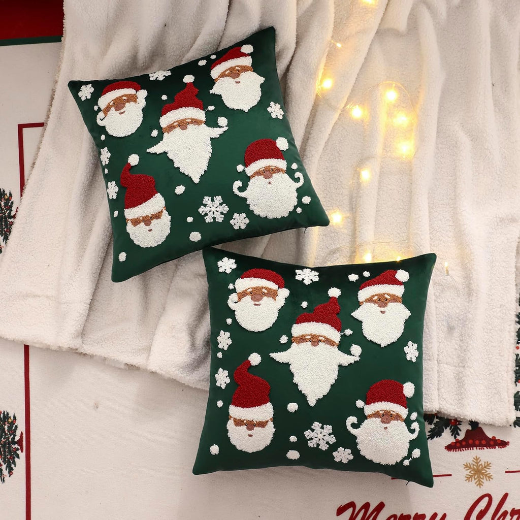 LUOYEHK Christmas Santa Claus Pillow Covers 18x18 Set of 2 Velvet Green Pillow Cases Winter Holiday Embroidered Cushion Covers for Couch Sofa Bed
