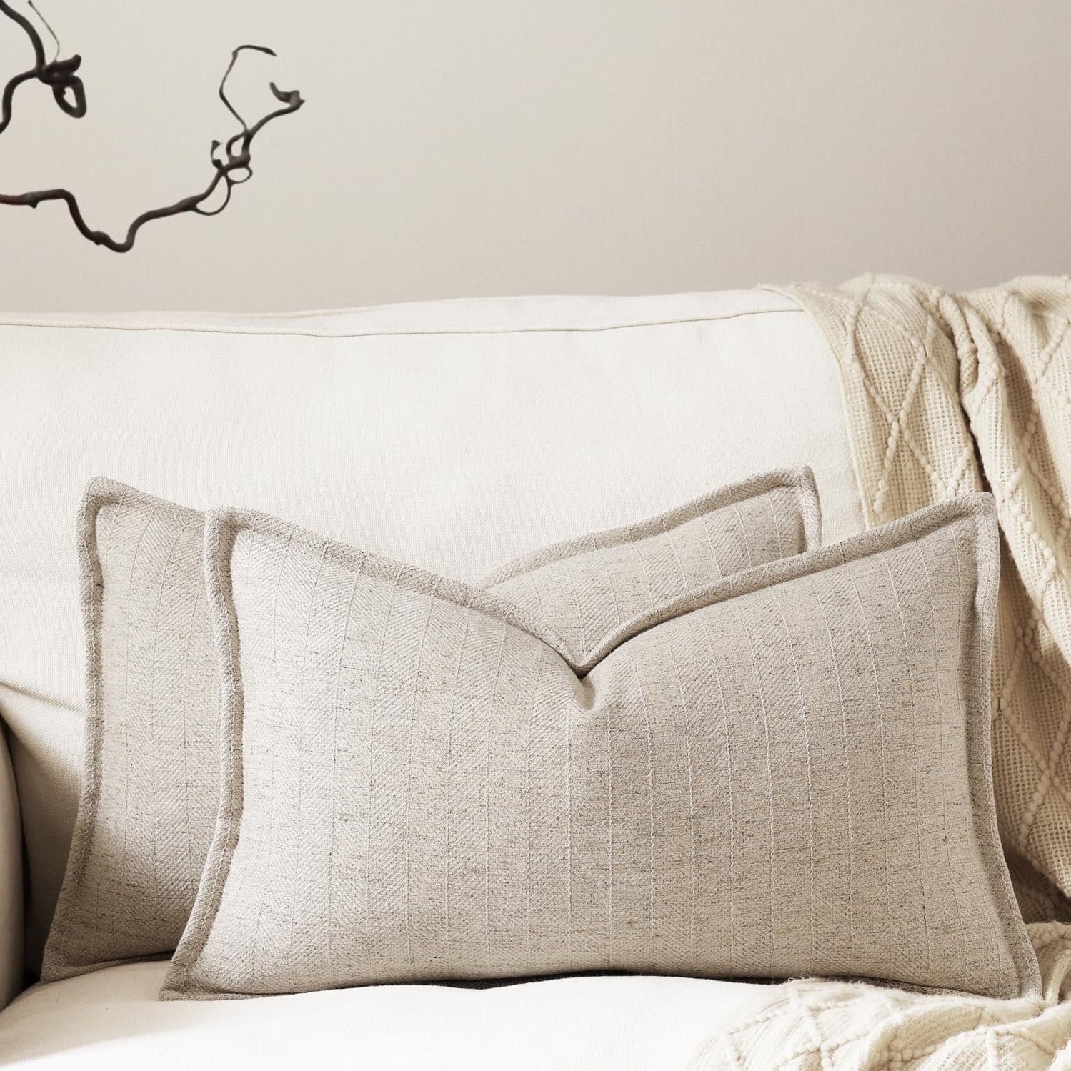 12x20 Linen Pillow Covers Natural Beige Pack of 2 Farmhouse Boho Neutral Accents Striped Textured Rectangular Lumbar Decorative Throw Pillow Cases for Living Room Couch Bed Home Decor