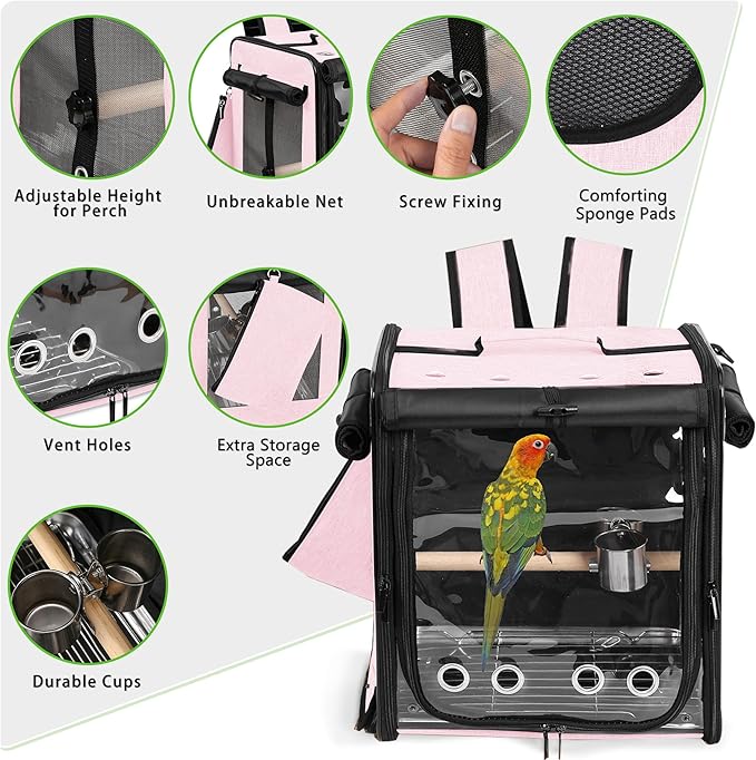 Sanmoncare Bird Carrier for Car Travel with Seat Belt, Indestructible Stainless Steel Mesh Parrot Backpack Travel Cage