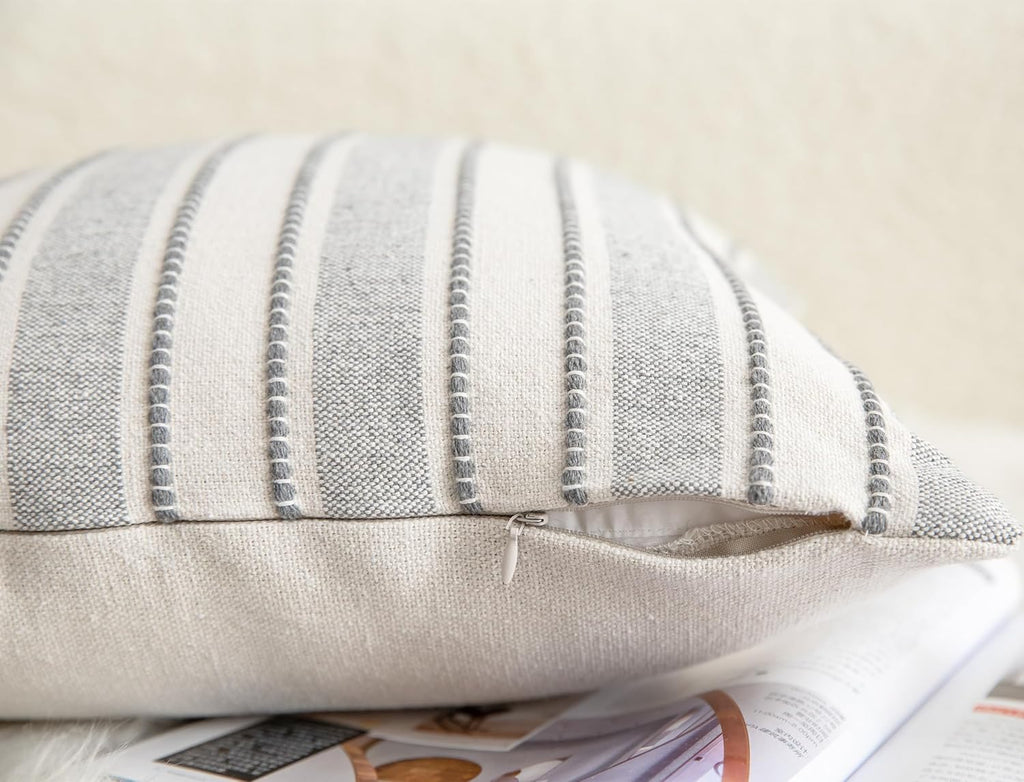 Decorative Boho Throw Pillow Covers, Farmhouse Textured Pillow Case, 20 x 20 Inch Set of 2, Chair Sofa Bedroom Living Room Home Decor Couch Cushion Case, Grey and Beige Striped