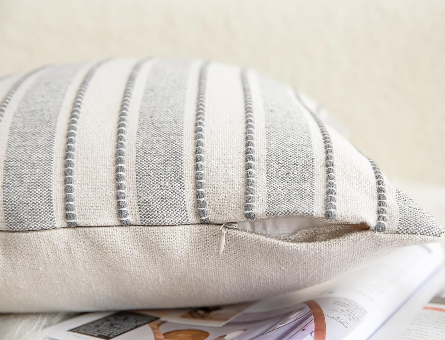 Decorative Boho Throw Pillow Covers, Farmhouse Textured Pillow Case, 20 x 20 Inch Set of 2, Chair Sofa Bedroom Living Room Home Decor Couch Cushion Case, Grey and Beige Striped