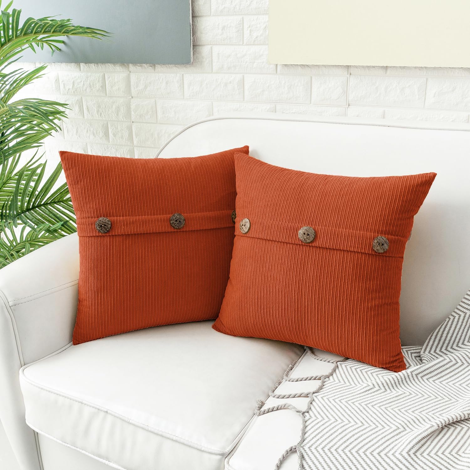 HWY 50 Burnt Orange Chenille Throw Pillow Covers 18x18 Inch with Triple Buttons, Soft Fall Farmhouse Accent Decorative Cushion Cases for Couch Sofa Bed Living Room Bedroom Pack of 2