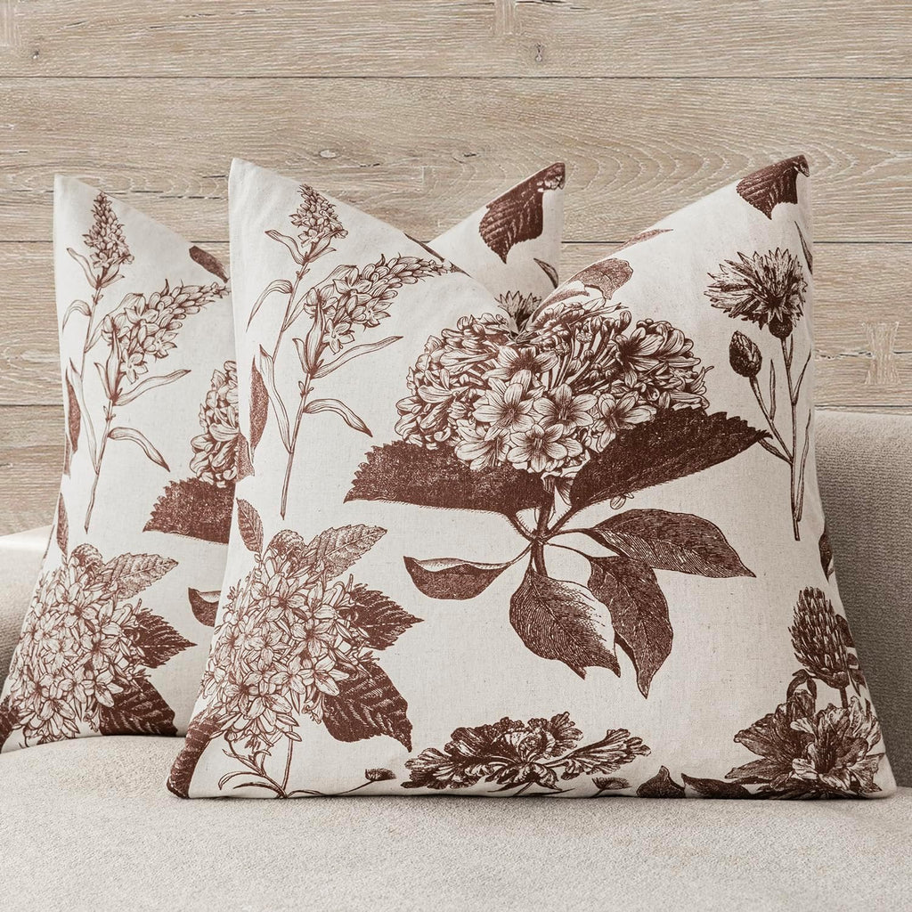 Foindtower Set of 2 Linen Floral Throw Pillow Covers Neutral Vintage Print Decorative Cushion Covers Farmhouse Boho Home Decor for Sofa Chair Couch Bedroom Living Room,20×20 Inch,Dark Brown