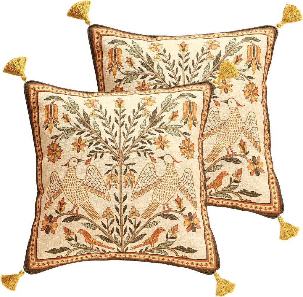 Brown Throw Pillow Covers Set of 2,Floral Farmhouse Yellow Birds Flower Pattern Linen Accent Pillows Cover for Couch,Decorative Pillows for Couch Sofa Bed Chair Cushion Covers 18"x18"