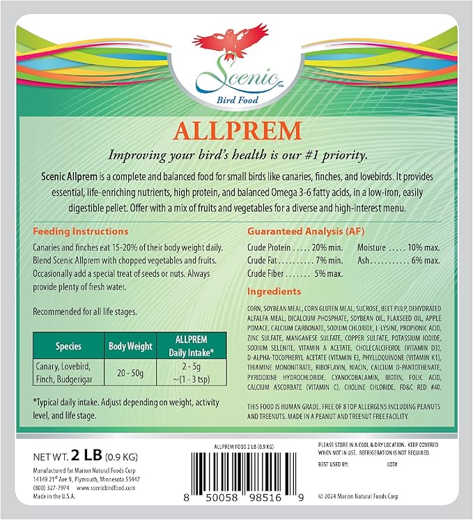 Scenic Allprem Canary and Finch Bird Food | Formulated Diet | Apple and Corn Flavor (2 lb (Pack of 2))