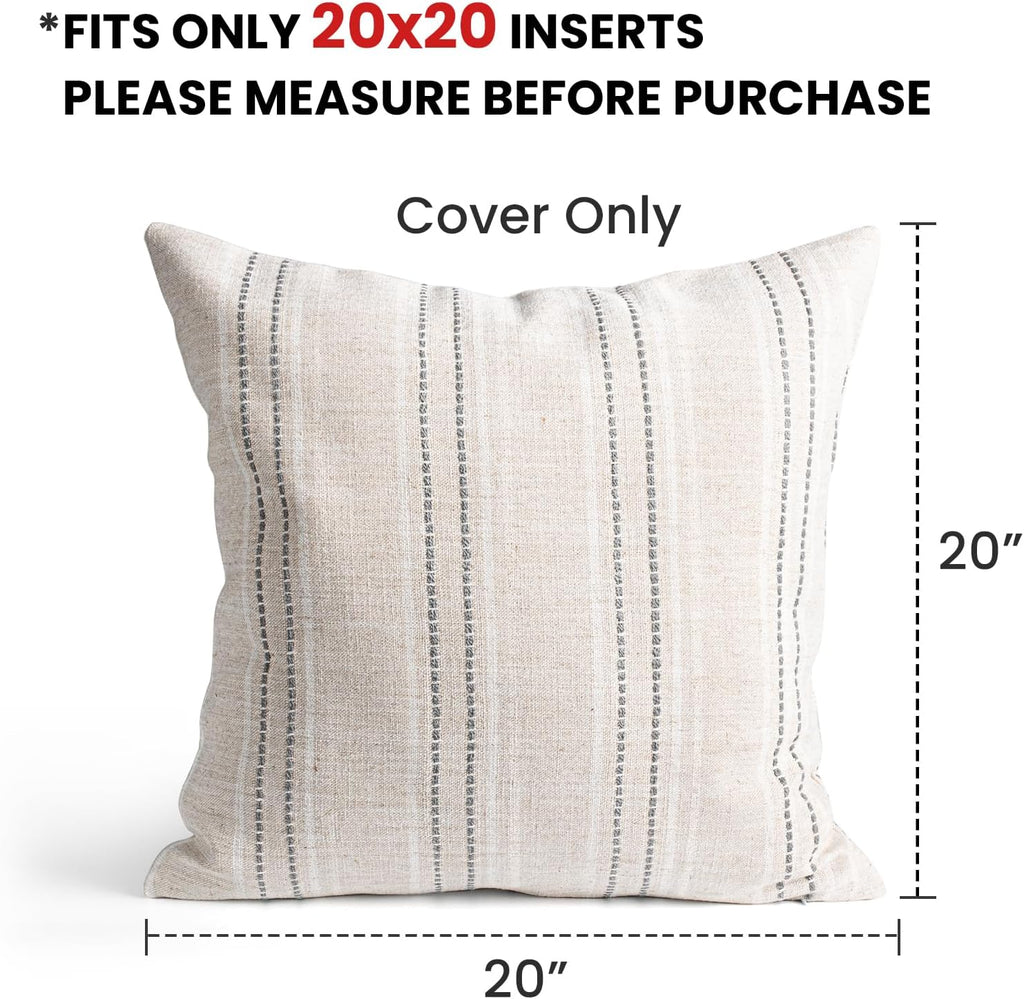 AELS 20x20 Decorative Farmhouse Linen Throw Pillow Covers, Boho Textured Pillow Case, Set of 2, Beige with White & Gray Stitch Yarn Dyed Stripe Cushion Cover for Sofa Couch Living Room (Cover ONLY)