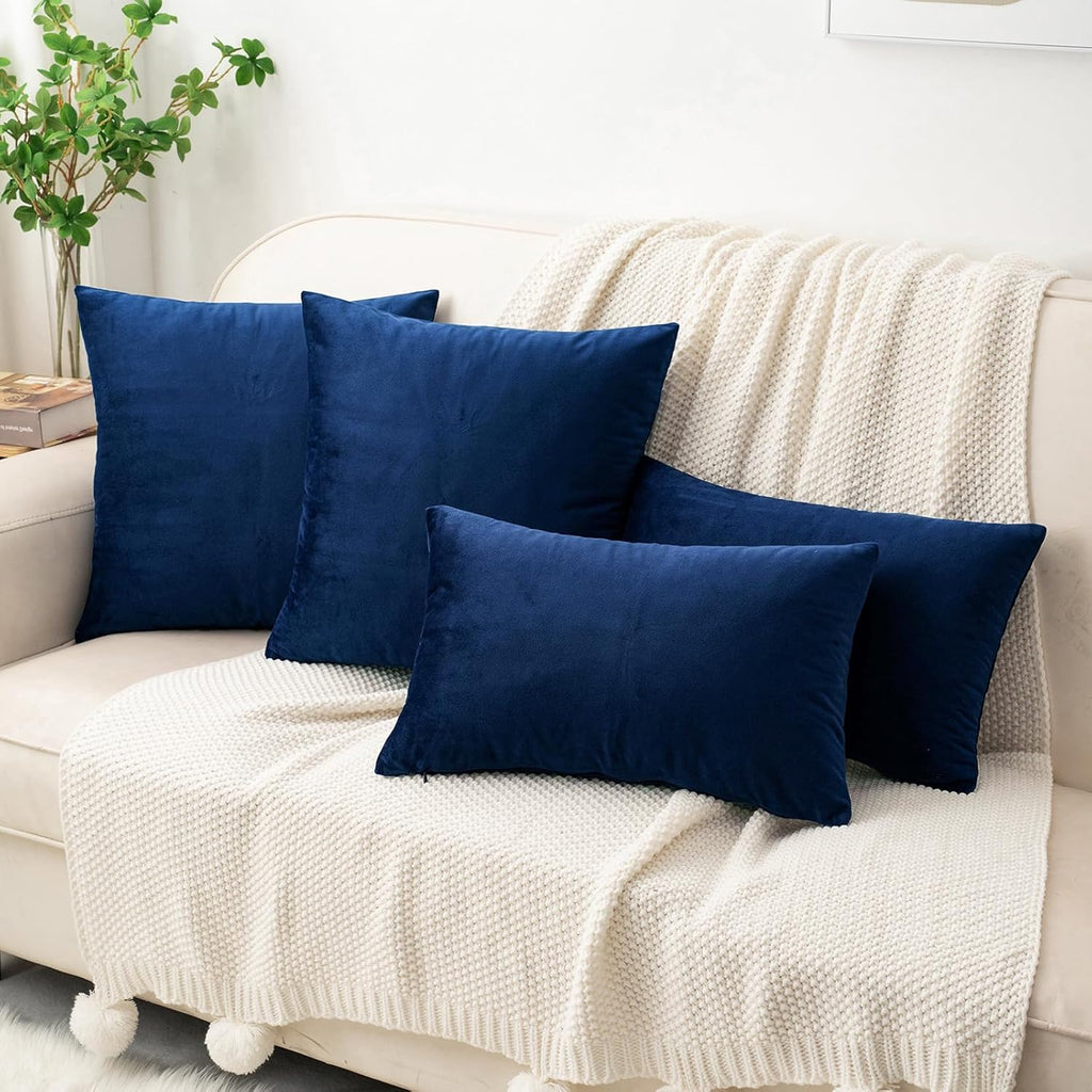 HWY 50 Navy Blue Velvet Throw Pillow Covers 16x16 Inch, Pack of 2 Soft Cozy Solid Decorative Luxury Cushion Cases for Couch Sofa Bed Living Room Bedroom