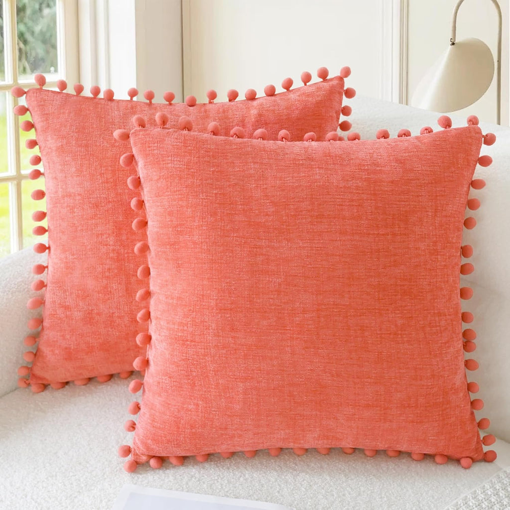 CaliTime Throw Pillow Covers Decorative 22 X 22 Inches Pack of 2 Cozy Solid Dyed Soft Chenille Cushion Cases with Pom Poms for Couch Sofa Bed Living Room Home Living Coral