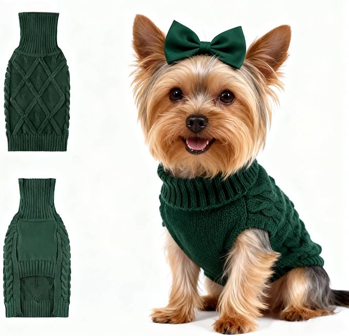 Small/Medium Dog Sweater, Warm Comfy Stretch Dog Winter Coat w/Sleeves & High Neck, Premium Dog Clothes for Mini Poodle-Best for Holidays, Daily Walks S Green