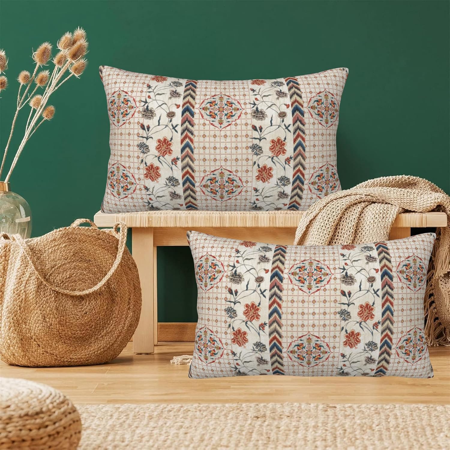 Throw Pillow Covers Boho Floral Pillow Covers 20x12 Inch Set of 2 Throw Pillows Decorative Pillow Cases Cushion Covers for Bedroom Livingroom Sofa Farm House