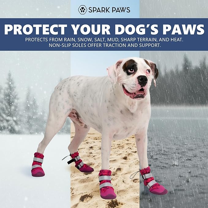 Spark Paws Dog Shoes, Waterproof Dog Boots for Medium to Large Dogs, Non Slip, Breathable Dog Booties and Paw Protectors - 4PCS Doggie Hiking Boots with Reflective Straps, Pink Camo, Size 1