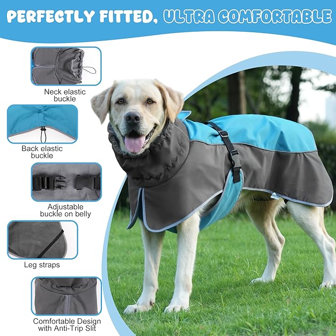 Dog Raincoat, Waterproof Dog Coat with Reflective Straps, Leash Hole & Polar Fleece Lining, Winter Snow Rain Coat for Small, Medium & Large Dogs, Warm, Windproof Vest Jackets