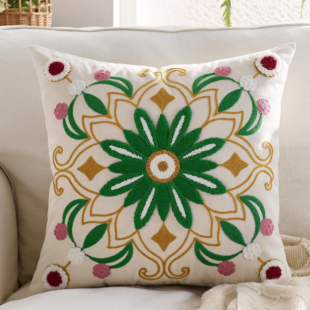Embroidered Throw Pillow Cover 22x22 Classic Boho Floral Pattern Pillows Cover Outdoor Decorative Pillowcase,Durable Cozy Textured Cushion Case for Sofa Couch Bed Living Room,Green Yellow