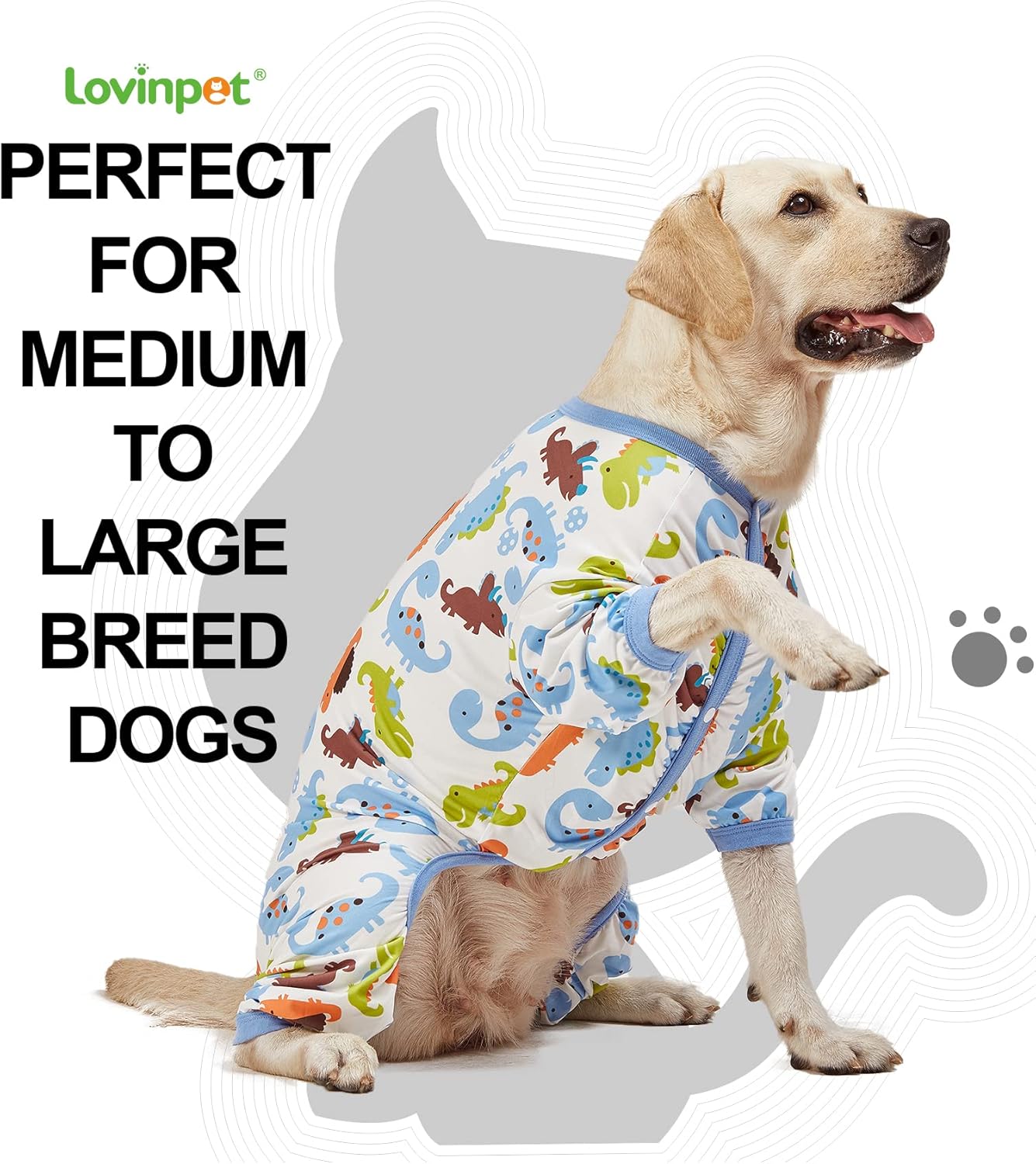LovinPet Large Dog Pajamas, Dinosaur Print Style, UV Protection, Post Surgery, Anxiety Relief, Pet Pajamas for Dogs, Light Weight Big Dog Pullover, Full Coverage Pitbull Types PJ's, M