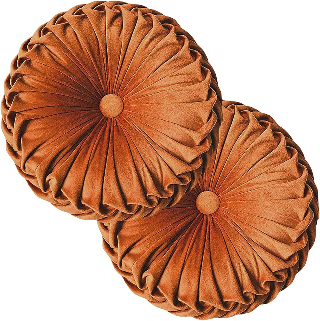 2 Pcs Round Throw Pillows Decorative Pumpkin Velvet Boho Pleated Bed Pillows Back Support for Couch Chair Dorm Car 14.96'' (Orange)