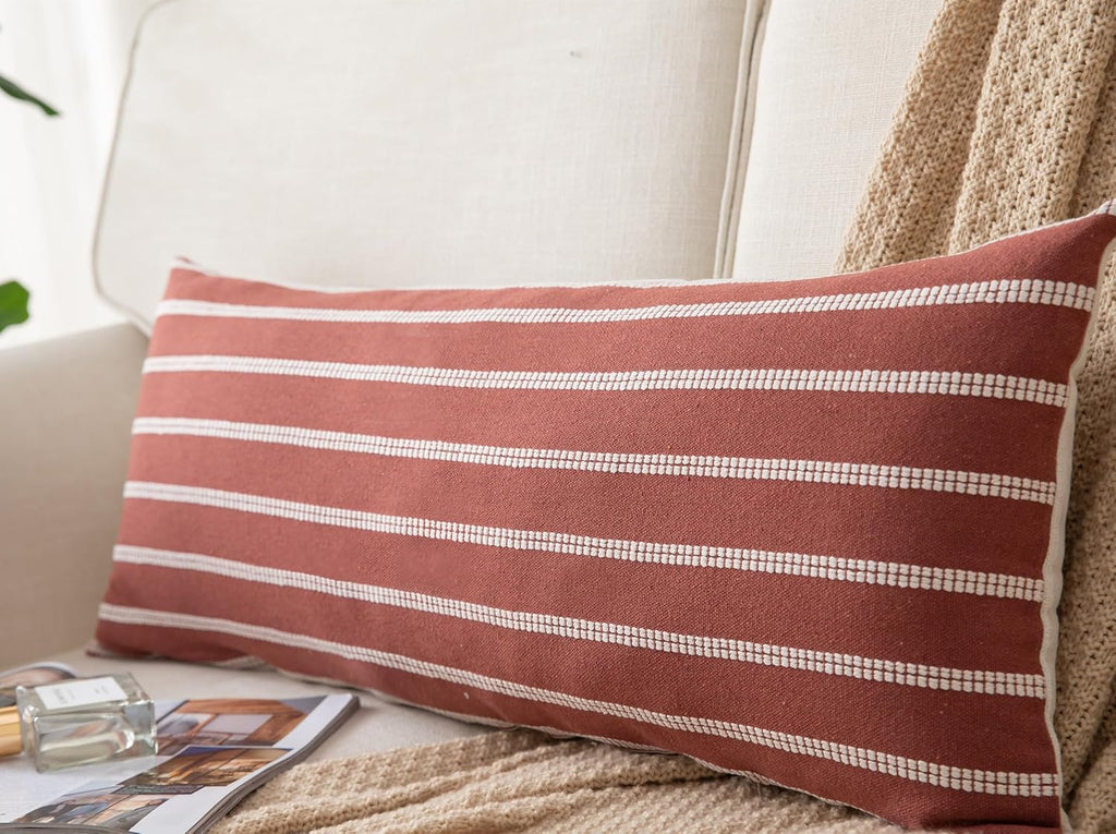 Caflife Boho Lumbar Throw Pillow Cover 14X36 Long Soft Farmhouse Decorative Couch Pillow Cases Rust Striped Body Pillow Covers Neutral Cushion Covers for Sofa Bed Living Room Home Decor Pack of 1