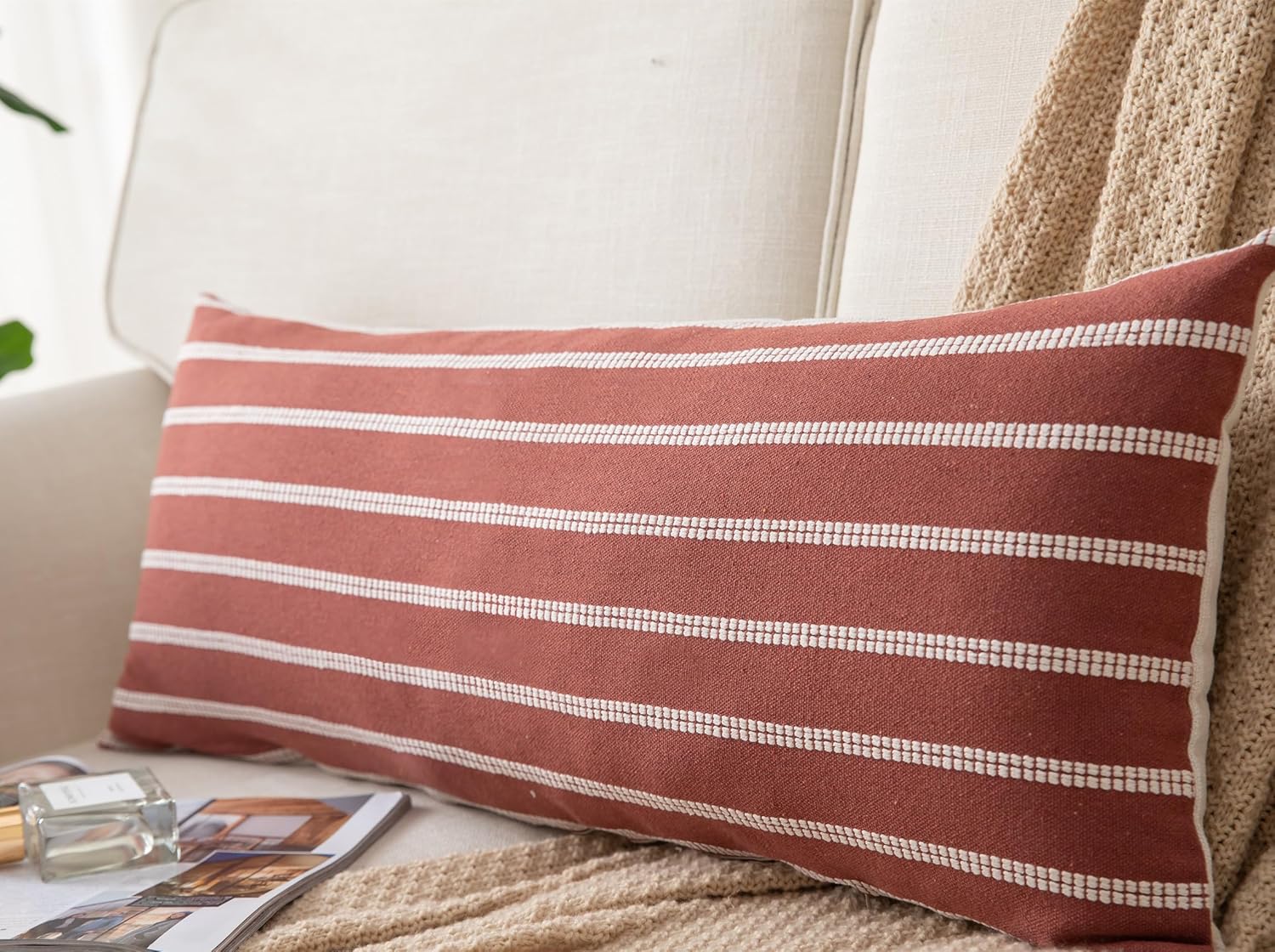 Caflife Boho Lumbar Throw Pillow Cover 14X36 Long Soft Farmhouse Decorative Couch Pillow Cases Rust Striped Body Pillow Covers Neutral Cushion Covers for Sofa Bed Living Room Home Decor Pack of 1