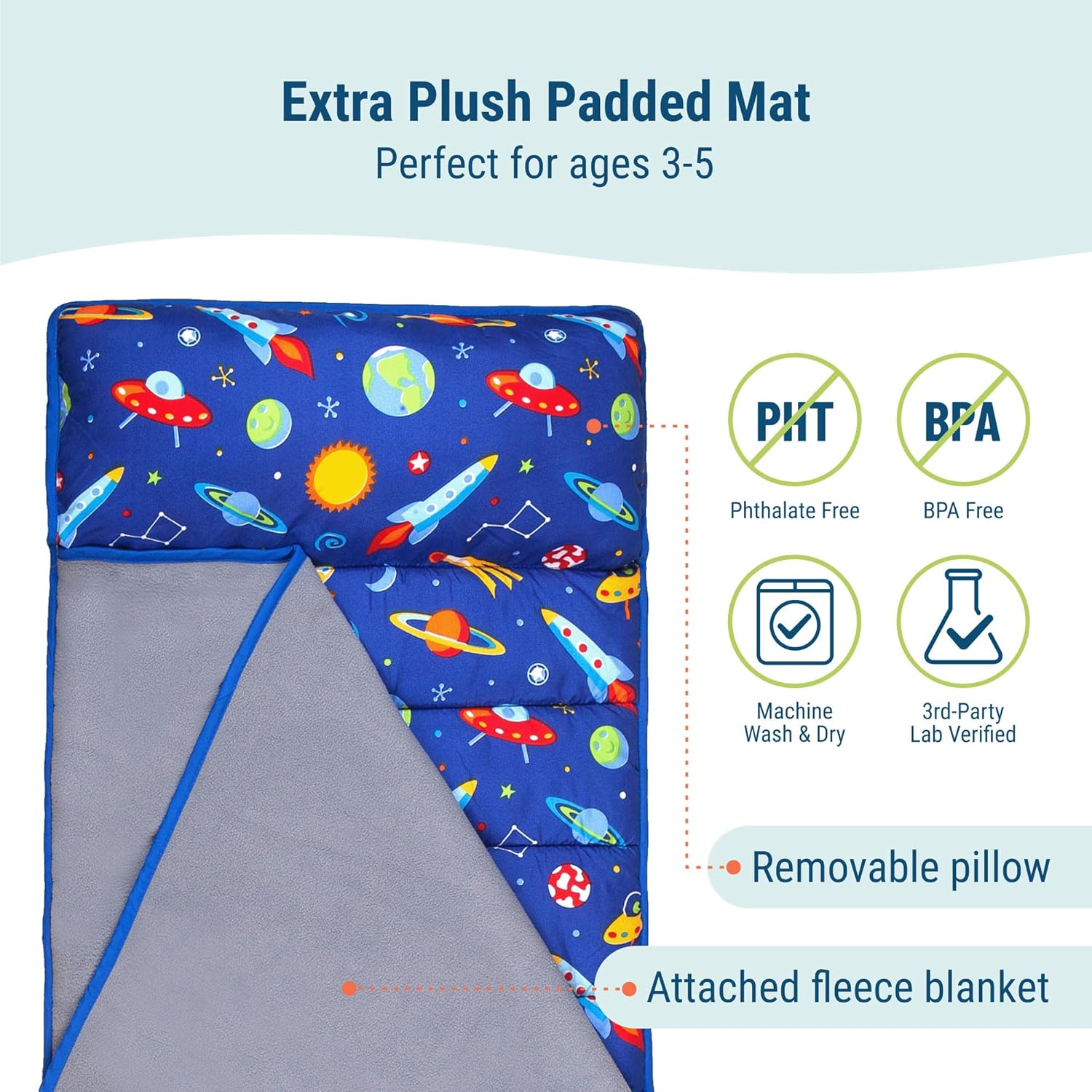 Wildkin 43-inch Kids Nap Mat – Soft Microfiber Toddler Sleeping Mat with Pillow