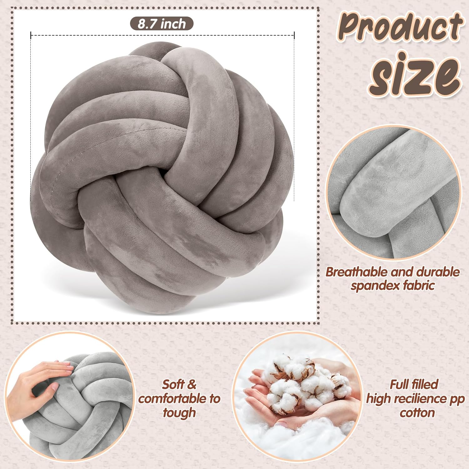 Yerliker 4 Pcs Knot Pillow Ball, 8.7 Inches Soft Home Decorative Round Throw Pillow Handmade Knotted Plush Accent Cushion Gifts for Nursery Decor Home Bed Sofa Bedroom Decoration