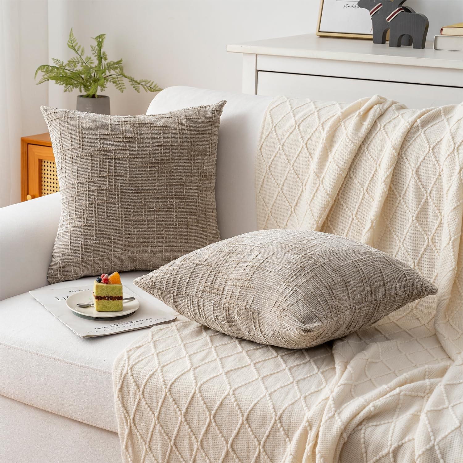 Decorative Throw Pillow Covers 22x22 Inch Set of 2, Soft Solid Farmhouse Chenille Couch Pillows, Spring Pillow Covers for Couch Sofa Bed Living Room Home Decor Pillowcase, Light Khaki