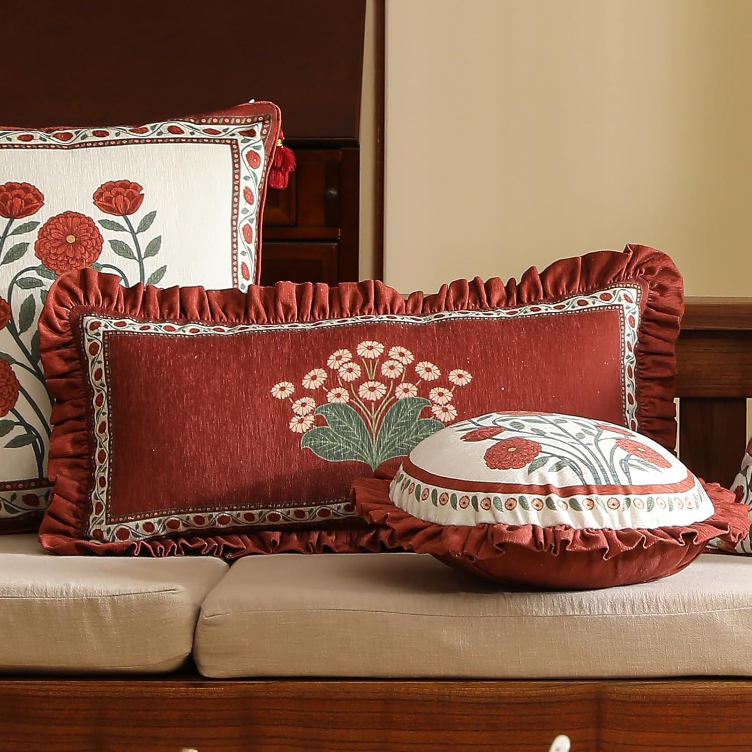 Rectangle Throw Pillow Covers,Red Cozy Velvet with Leaves and Floral Pattern Pillowcases,Decoration Long Lumbar Pillows Cushion Covers for Living Room Couch Sofa Bed Car Chair,12"x28"