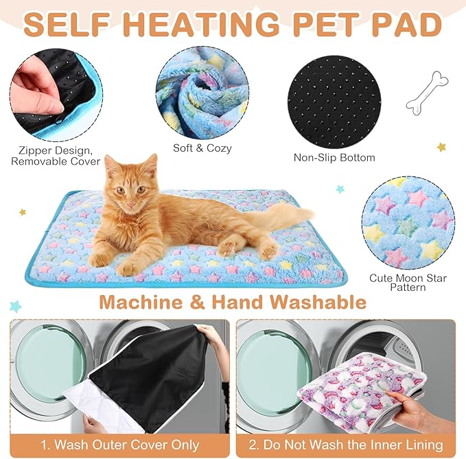 4 Pack Self Heating Cat Bed Cat Self Warming Pad with Removable Cover Extra Warm Thermal Pet Pad Washable Pet Crate Mat Anti Slip Kennel for Indoor Outdoor Pets (Small Star,16 x 20 Inches)
