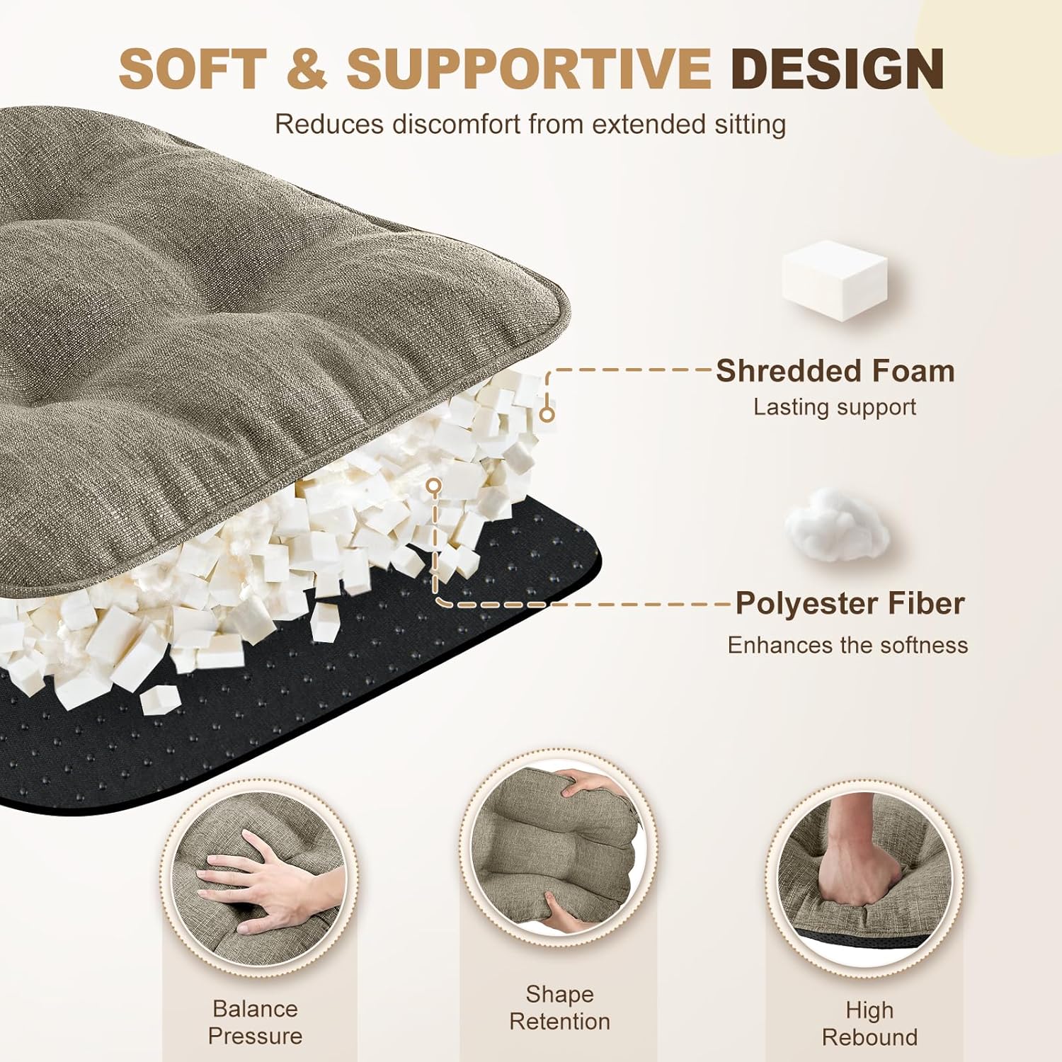 downluxe Indoor Chair Cushions for Dining Chairs, Tufted Overstuffed Textured Foam Kitchen Chair Pads with Ties and Non-Slip Backing, 15.5" x 15.5" x 4", Khaki, 6 Pack