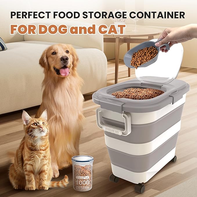 23-25 Lbs Airtight Dog Food Storage Container,Collapsible Pet food storage Container,All-in-One Cat Food Container Set with Scoops,Can Covers & Can Opener Spoons,Small Bin and Waste Bags