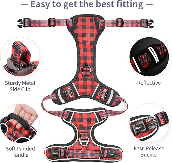 HEELE Dog Harness, No Pull Adjustable Padded Reflective Harness for Small Medium Large Dogs with Handle for Walking Training, Checkered-Red, XL