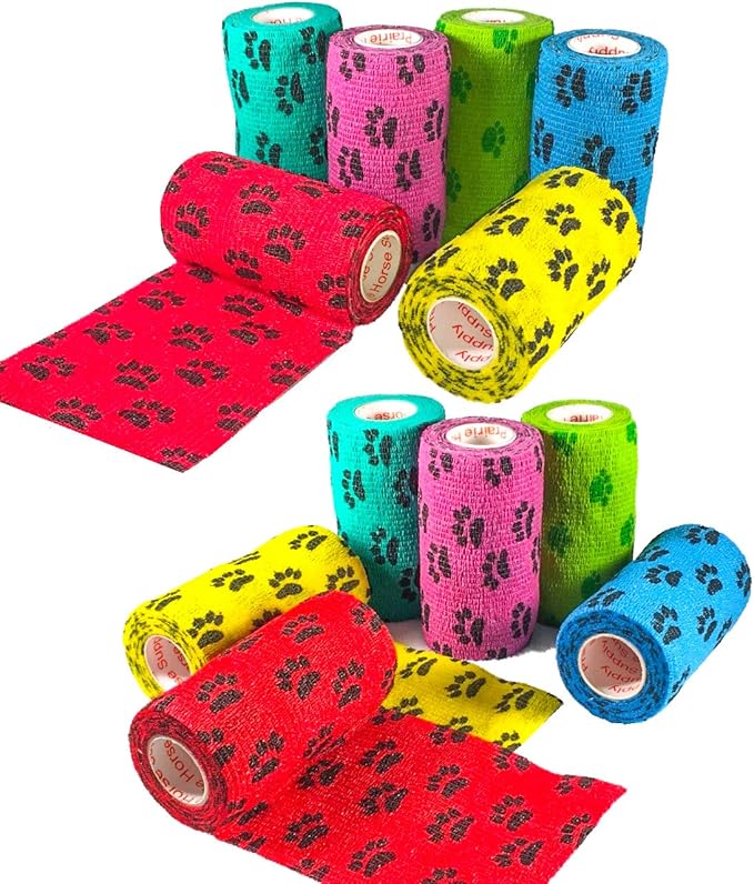 4 Inch Vet Wrap Tape Bulk (Black Paw Prints on Yellow, Red, Teal, Blue, Neon Green, and Neon Pink) (Pack of 24) Self Adhesive Adherent Adhering Flex Bandage Grip Roll for Dog Cat Pet