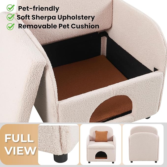 Accent Chair with Cat Bed for Cats Lover, Sherpa Fabric Pet-Friendly Single Sofa Cute Armchair with Pet Nest for Living Room, Beige.