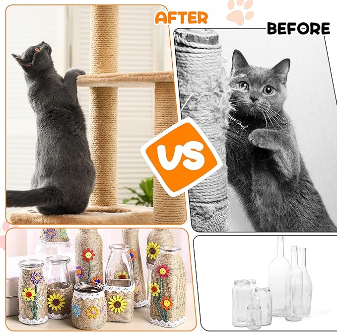 164FT/50M Cat Scratching Sisal Rope, 6mm Thick Natural Jute Rope for Scratch Posts, Cat Trees, DIY Projects, Sisal Rope for Cat Scratcher with 2 Cat Mouse Toys (Natural, 164ft)