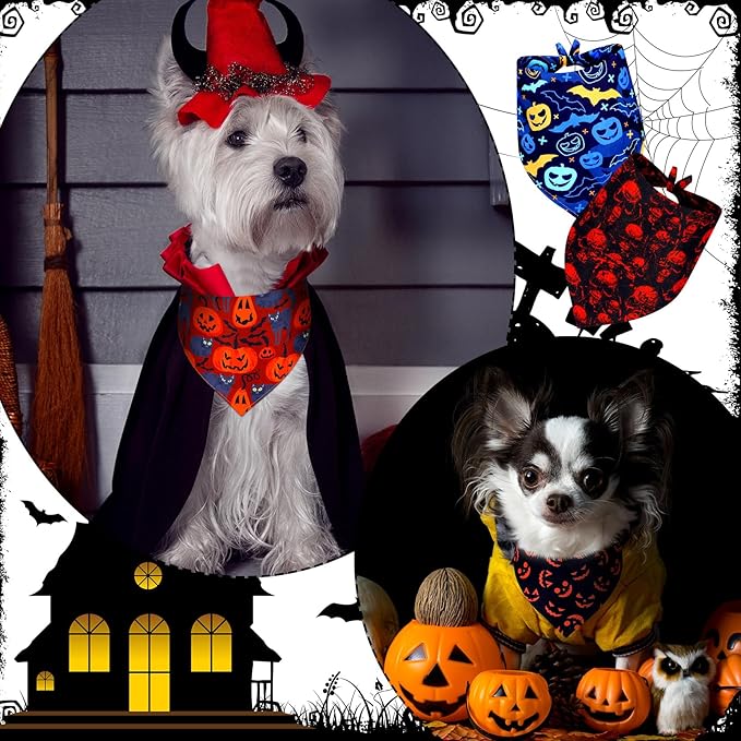 Newwiee 100 Pieces Halloween Dog Bandanas Bulk for Large Dogs Adjustable Triangle Bibs Scarf Halloween Skull Ghost Spider Pumpkin Bat Pet Costumes Scarf Holiday Accessories for Large Dog Puppy Cat