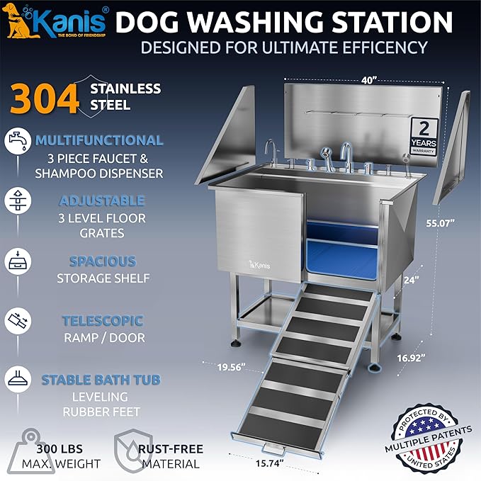 KANIS Professional Dog Washing Station - 304 Stainless Steel Pet Wash Sink & Grooming Bathtub w/Shower, Floor Grates and Storage for Large, Medium & Small Pets (40", Shelf - Right Ramp)