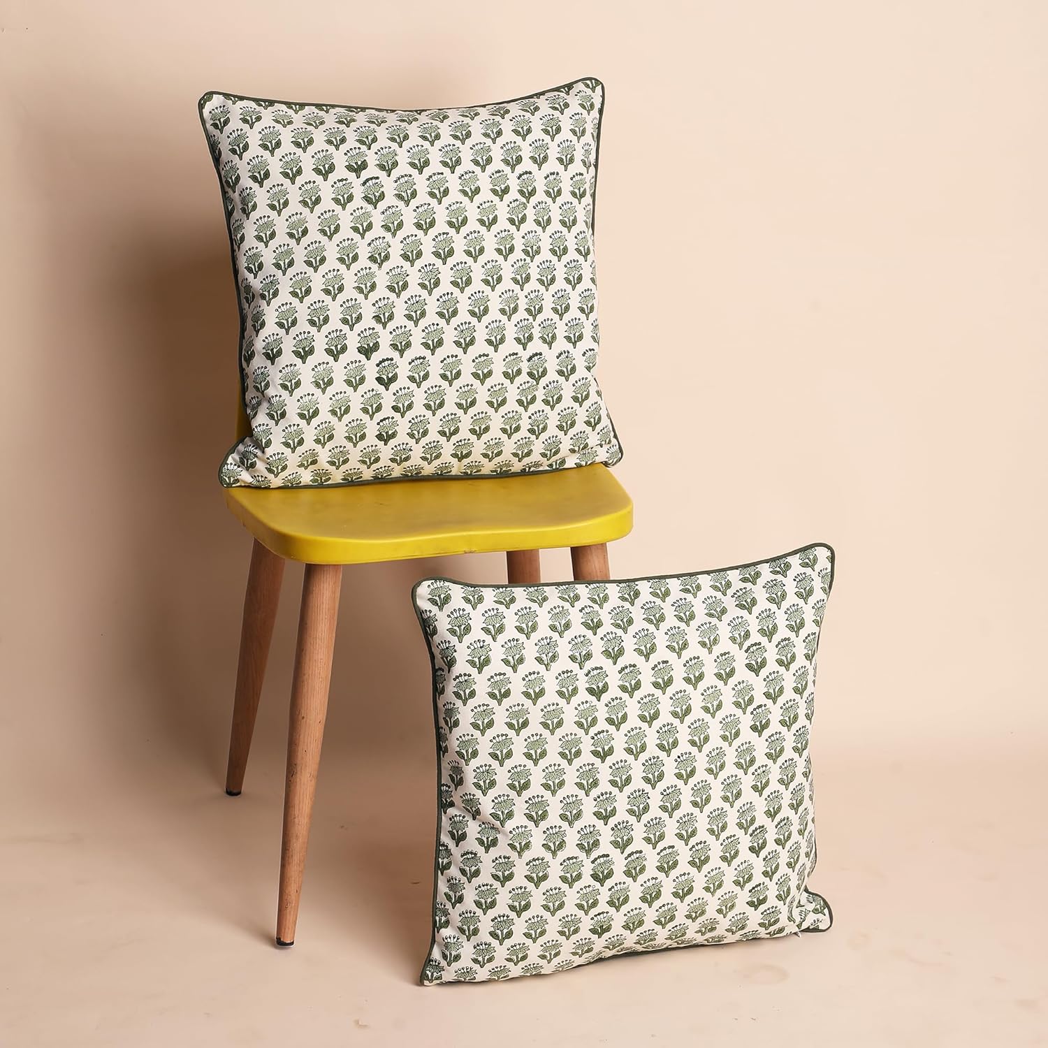 SheetKart Pure Cotton Throw Pillow Covers - Set of 2 - Hand Block Pure Cotton Printed Boho Decorative Pillow Covers - Cushion Covers for Living Room, Bohemian Theme, 18 x 18 Inches, Olive Petal