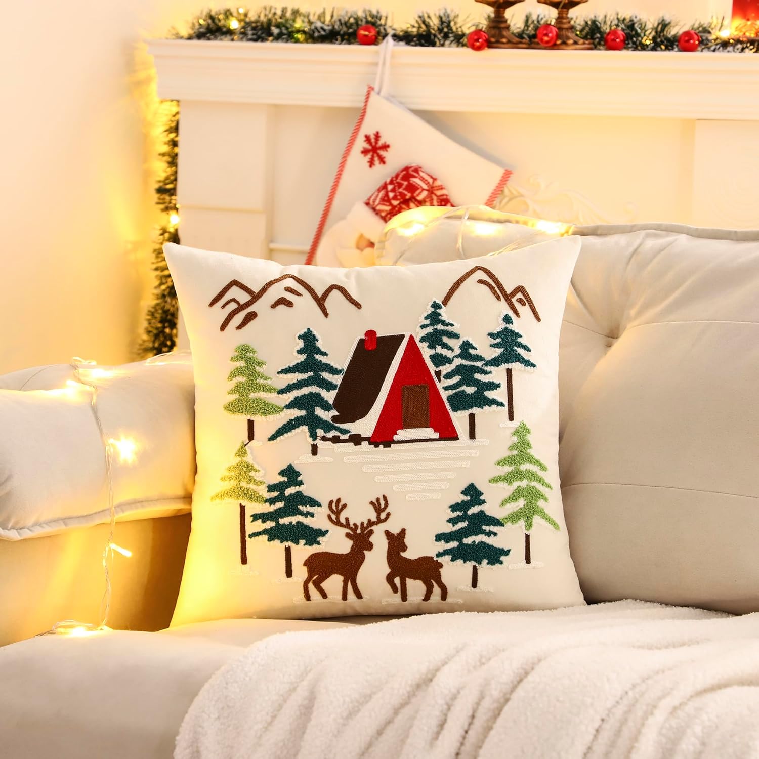 LUOYEHK Christmas Pillow Covers 18x18 Set of 2 House and Deer Decorative Beige Pillow Cases Winter Holiday Velvet Embroidered Cushion Covers for Couch Sofa Bed