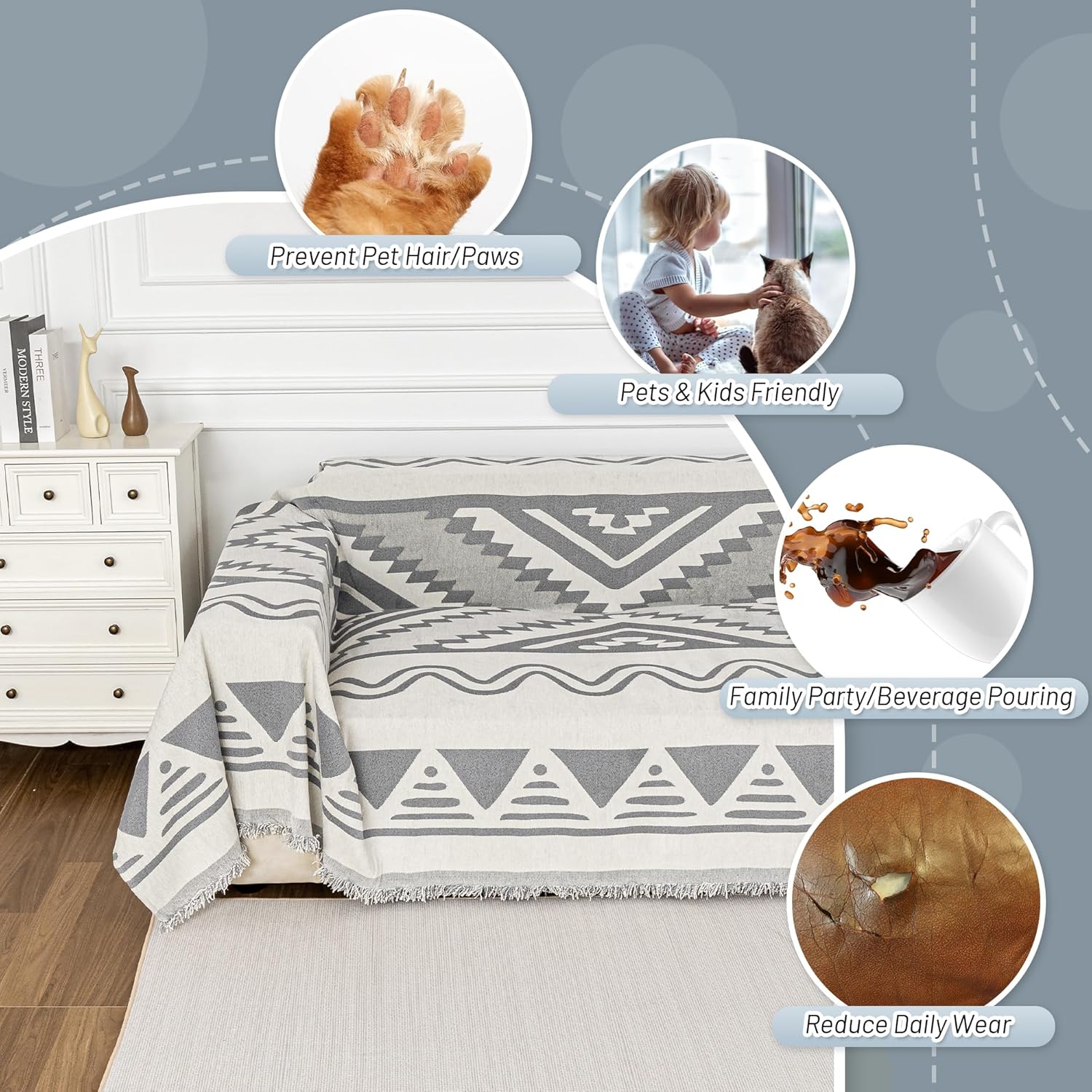 MYSKY HOME Boho Couch Cover for Dogs Washable Grey Rhombic Couch Sofa Protector for Loveseat Sofa with Pets Friendly Chenille Geometric Sofa Covers Soft Durable Farmhouse Sofa Slipcovers, 71" X102"