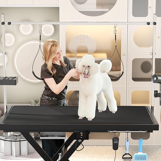 Upgrade Electric Pet Grooming Table Super Deluxe 50'' Heavy Duty Professional for Large Dogs with Overhead Arm, Anti-Skid Rubber Desktop Powerful Motor and Adjustable Height, Black