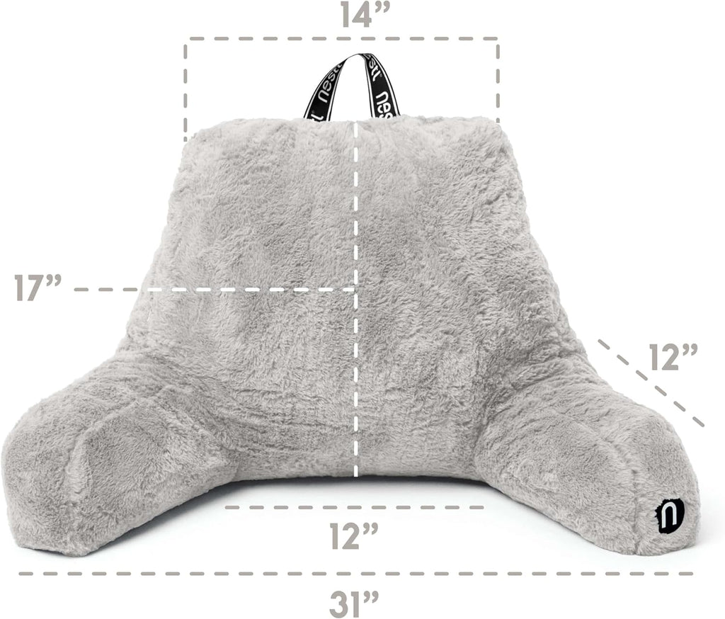 Nestl Fur Reading Pillow with Laptop Lap Desk, Stylish Back Pillow for Sitting Up, Lap Desk with Reading Pillows for Sitting in Bed Adult & Kids, Faux Fur Chair Pillow with Arms - Light Grey
