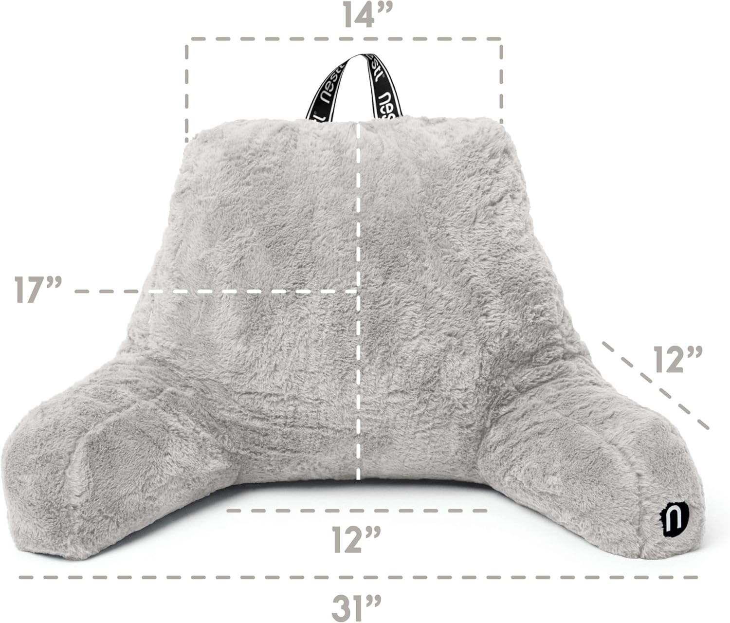 Nestl Fur Reading Pillow, Stylish Back Pillow for Bed Sitting Up, Faux Fur Bed Chair Pillow with Arms, Reading Pillows for Sitting in Bed Adult & Kids, Back Support Pillow for Bed Rest - Light Grey
